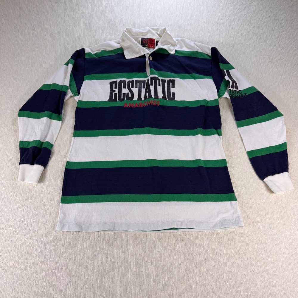Y2K Ecstatic Anarchist Vtg Butterfield Striped Rugby Shirt Navy Green White Sz S